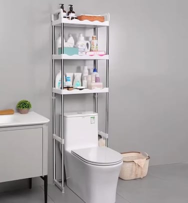 رف تخزين ثلاثي الطبقات فوق المرحاض، منظم رفوف حمام موفر للمساحة - حامل متعدد الوظائف للمناشف والشامبو وجل الاستحمام ومستلزمات التجميل