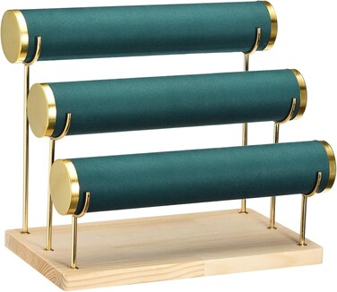 حامل ساعات خشبي بثلاث طبقات مع قضبان عرض مخملية قابلة للفصل - برج منظم مجوهرات أنيق بحواف مذهبة، أخضر