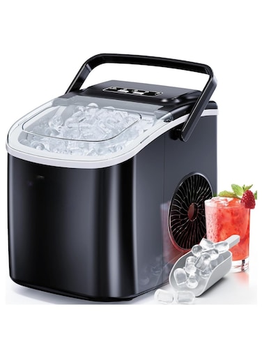 ماكينة صنع الثلج المحمولة لوضعها على سطح الطاولة، 9 مكعبات ثلج في 6 دقائق، 26 رطلاً من الثلج/24 ساعة، ذاتية التنظيف، مع ملعقة ثلج وسلة، مثالية للمنزل والمطبخ والمكتب والتخييم