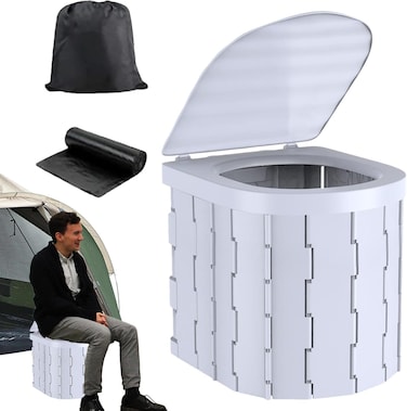 مرحاض محمول للكبار - دلو مرحاض خارجي قابل للطي مع غطاء ومنظم لكبار السن، مرحاض بجانب السرير، مثالي لتسلق الجبال والتخييم والمشي لمسافات طويلة