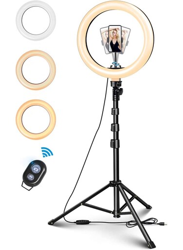 حلقة إضاءة LED قابلة للتعتيم مقاس 10.2 بوصة مع حامل ثلاثي القوائم وجهاز تحكم عن بعد - 5600 كلفن للصور الشخصية والمكياج ومقاطع الفيديو على YouTube ومقاطع الفيديو على TikTok والبث المباشر