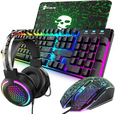 Wired Gaming Keyboard and Mouse Combo with Gaming Mouse Pad &amp; Headset &ndash; 4-in-1 LED RGB Ergonomic Gaming Set for PC