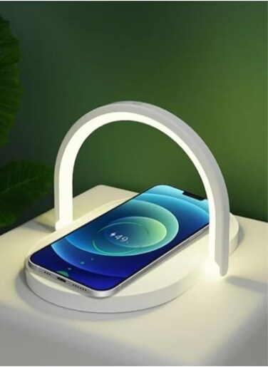 3-in-1 Table Lamp with Wireless Charger, 15W Quick Wireless Charging, Dimmable LED Bedside Night Light, Phone Kickstand &amp; Foldable Design (White)
