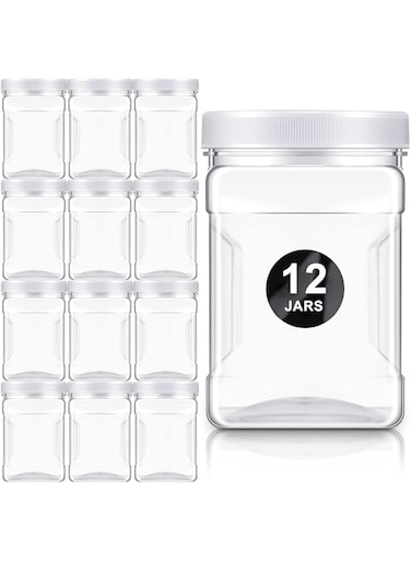 NALACAL 12Pcs Clear Plastic Jars Bottles Containers, 27 oz Reusable Wide Mouth Square Plastic Storage Jars with Lids, Storage Jars for Dry Goods Cookies Candy and More