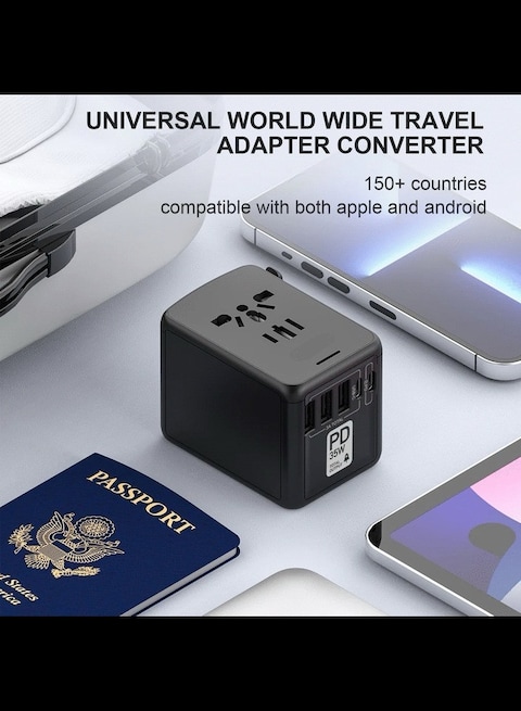 All in One 3 USB 2 Type-C Worldwide AC Power Wall Charger Plug EU UK AUS Asia Universal Travel Adapter 35W PD Super