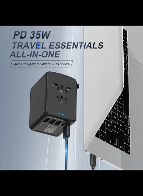 All in One 3 USB 2 Type-C Worldwide AC Power Wall Charger Plug EU UK AUS Asia Universal Travel Adapter 35W PD Super