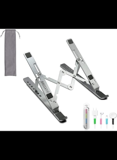 Laptop Stand for Desk with 7 Adjustable Angles, Aluminum Ergonomic Foldable Portable Compatible with All Brands 6-17.3 [with Pouch] [with Wire Protectors] (Metallic Silver)