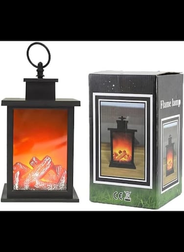 Radiotronics Small Cozy Fireplace Lantern Traditional Realistic Log Wood Burning Flame Effect Ligh LED Charcoal Style Table LampFor Indoor & Outdoor Use