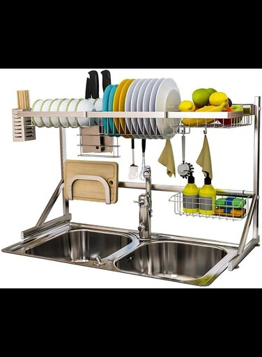 Kitchen Rack, 201 Stainless Steel Kitchen Sink Drain Rack Dish Rack 84 * 31.8 * 50.3cm With 5 Hooks.
