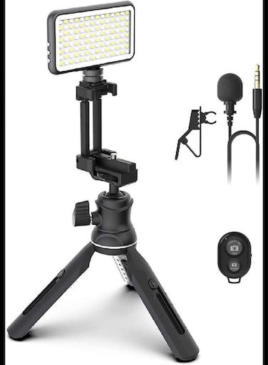 iPhone Tripod Stand with Remote &amp; Light (Includes Microphone, LED Light, Tripod &amp; Phone Holder)- Work Teach &amp; Learn from Home Video Professional Kit
