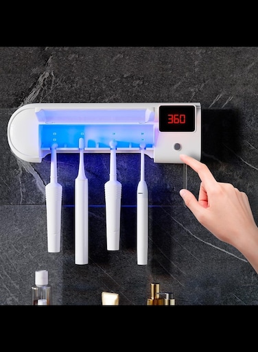 Radiotronics Toothbrush Holder Wall Mounted with 4 Slots. White ABS Plastic Toothbrush Holder Sanitizer with Automatic Timer,Rechargeable Toothbrush Sanitizer Holder with USB Port
