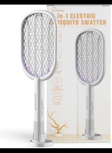 Electric Mosquito Swatter - Rechargeable Powerful Indoor/Outdoor Racket - 3 Safety Layer Diamond Mesh, Storage Base, Use While Charging.