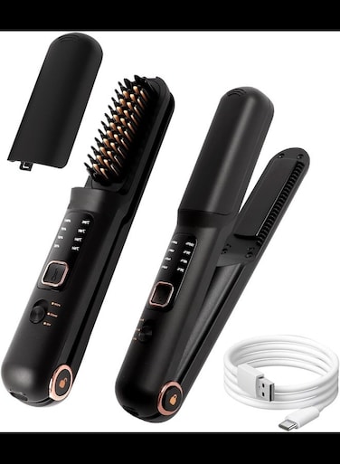 Cordless Hair Straightener, 2 in 1 Portable Flat Iron &amp; Straightening Brush, Fast Heating/3 Heat Settings, USB Rechargeable Wireless Hair Straightener
