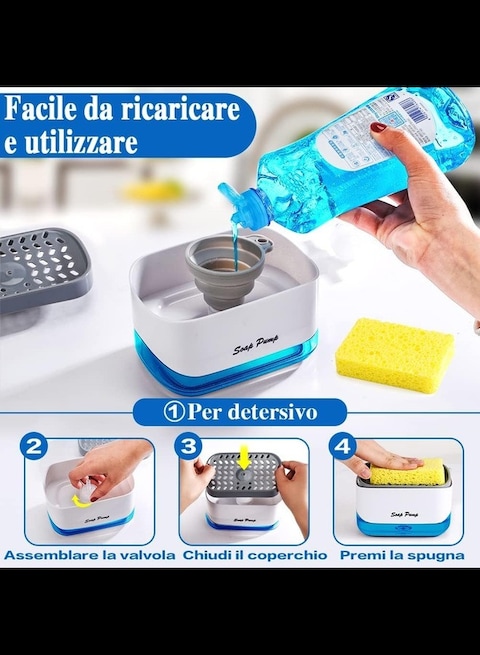 Dish Soap Dispenser with Sponge Holder, Washing up Liquid Dispenser with Drain Pad and Foldable Funnel, Soap Pump for Sink Tidy