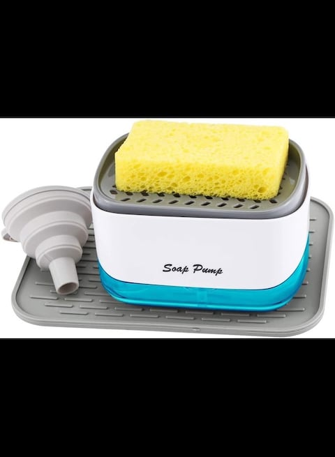Dish Soap Dispenser with Sponge Holder, Washing up Liquid Dispenser with Drain Pad and Foldable Funnel, Soap Pump for Sink Tidy