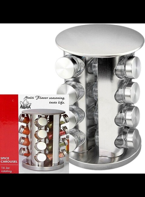 Radiotronics Steel Spice Rack - Round or Square Revolving Stainless Space Saving Kitchen Storage Organizer for Seasoning Dried Herbs (Round 16 Spice Jars)