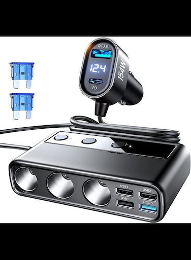 9 in 1 Cigarette Lighter Splitter, 154W Car Charger Adapter with PD/QC 3.0 * 2 Charge(3.3FT Cable), DC Cigarette Outlet Car Charger for All Car Devices