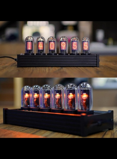 Radiotronics Nixie Tube IPS Vintage Digital Alarm Clock,6 Bit RGB Glow LCD Time Photo Display , 12  and 24 Hours Display,5V USB Creative Retro Desk Decoration Gift (Black)