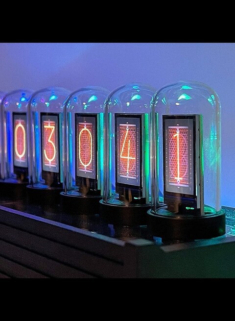 Radiotronics Nixie Tube IPS Vintage Digital Alarm Clock,6 Bit RGB Glow LCD Time Photo Display , 12  and 24 Hours Display,5V USB Creative Retro Desk Decoration Gift (Black)