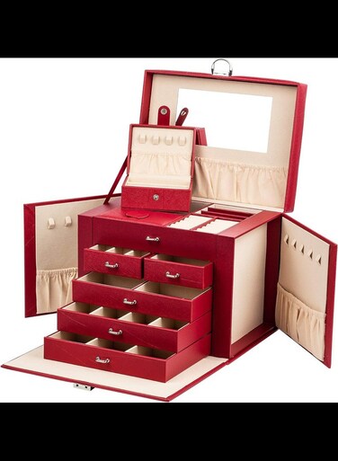Jewelry Box for Women, Jewelry Organizer with 5 Drawers, Lockable Jewelry Case with Mirror, Portable Travel Case, for Rings, Earrings, Necklaces, Gift, (Red)