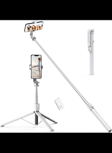 59&quot; Selfie Stick Tripod, Stable Tripod Stand with Detachable Bluetooth Remote, White
