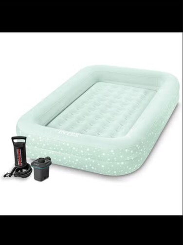 Kids Travel Air Mattress Inflatable Bed Set with Raised Sides and 120V Electric Quick Fill Air Pump with 3 Interconnected Nozzles