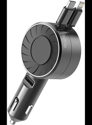 Radiotronics PD30W Retractable Car Charger 3 in 1 Fast Charging Adapter Lightning/Type-C 80cm/USB-A x 1 [for iPhone 15/14/13/12/Galaxy/Other Android Phones