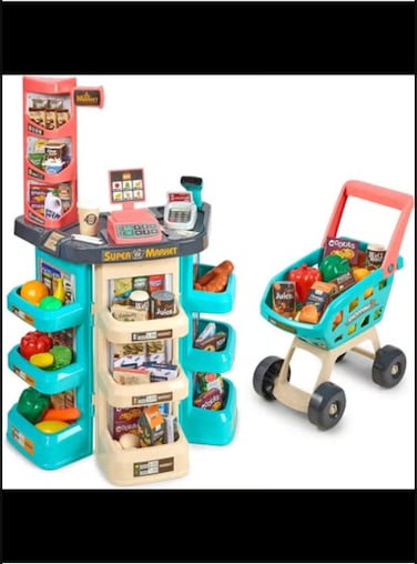 Kids Play Supermarket Set with Scanner -  47 Piece Complete Playset with Cash Register Credit Card Machine Scanner Shop Trolley and Food Gift for Boys and Girls