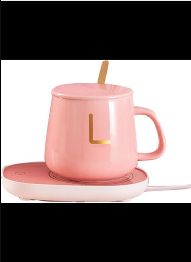 Ceramic Cup Heating Coaster Set 55℃ Constant Temperature Cute Cup Warmer Set for Homes Office Gifts (Pink)