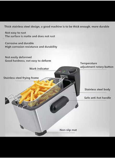 Radiotronics 3 Litre Deep Fat Fryer Stainless Steel Deep Fryer, Temperature Controls Detachable Basket Easy Clean Ergonomic Cool Touch Handle for Home, Commercial Restaurant 2500W