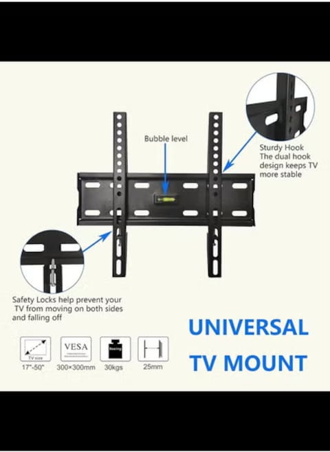 Radiotronics  Fixed Wall Mount TV Bracket, Heavy Duty TV Stand for 17-50 Inches LED LCD Plasma Flat Screen for living room, lounge, classrooms, lobby, restaurants- Black
