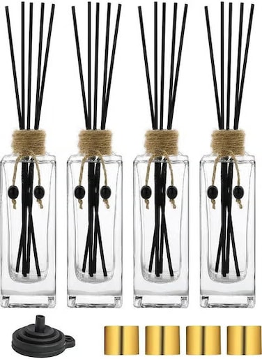Radiotronics Reed Diffuser Bottle Set of 4 Glass Diffuser Bottles 5oz/155ml Clear Empty Essential Oil Diffuser Glass Bottles with Caps and Reeds