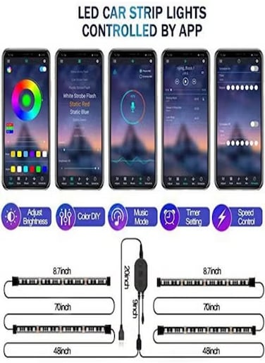 Interior Car Lights, Car LED Strip Light with APP Controller, 4pcs 48 LED Car Interior Lights Kit, Multi DIY Color Music Under Dash USB Car Strip Lights