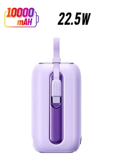 10000mAh Mini Power Bank with Built-in Cables, 22.5W Fast Charging Portable Charger USB-C Battery Pack for iPhone, Samsung, All Phones, Purple