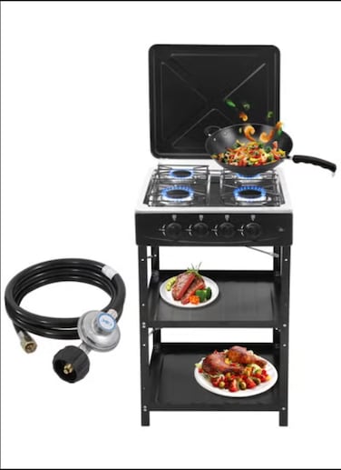 Propane Gas Stove 4 Burner Propane Burner with Support Leg Stand and Wind Blocking Cover Adapter Portable Gas Stove