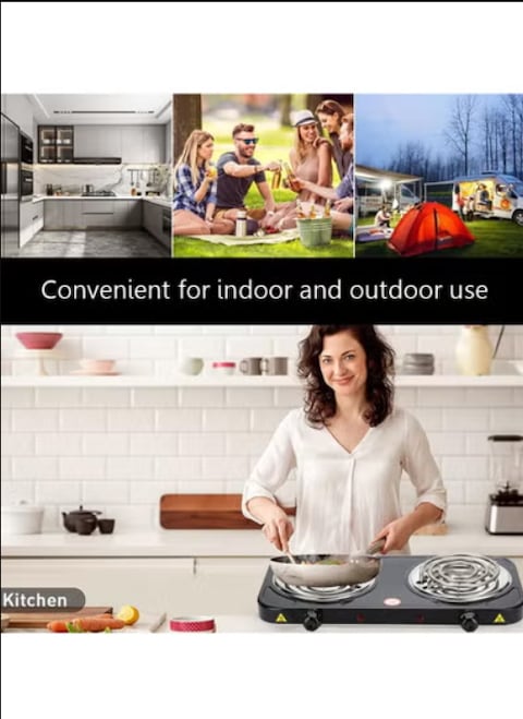 Radiotronics 2000W Double Hot Plate Table Top Cooking Compact Portable Electric Hob Coil Burner Home Kitchen Camping Cooking Boiling Fryer Black