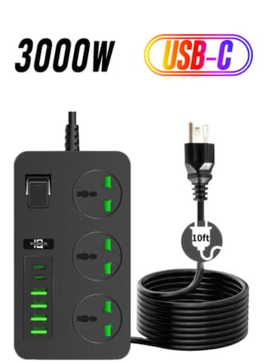 Power Strip 10ft with 4 USB Ports 2 USB C 3 Wide AC Outlets, COOFINE Black Extension Cords Universal Outlets Travel Plug Extender