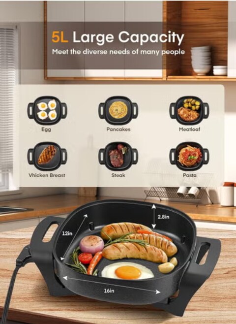 Electric Skillet, 12 Inch Deep Non Stick Electric Frying Pan with Standable Glass Lid, Heat Resistant Handles and Non-stick Coating Easy to Clean,  Black