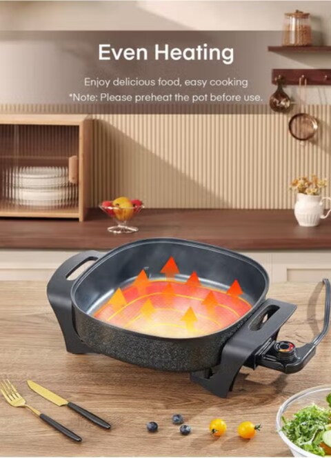 Electric Skillet, 12 Inch Deep Non Stick Electric Frying Pan with Standable Glass Lid, Heat Resistant Handles and Non-stick Coating Easy to Clean,  Black