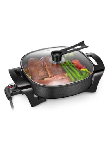 Electric Skillet, 12 Inch Deep Non Stick Electric Frying Pan with Standable Glass Lid, Heat Resistant Handles and Non-stick Coating Easy to Clean,  Black