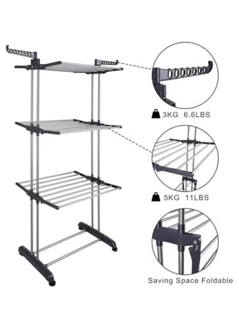 Radiotronics Rolling Collapsible Clothes Drying Rack 3-Tier Foldable Laundry Dryer Hanger Airer Compact Storage Steel