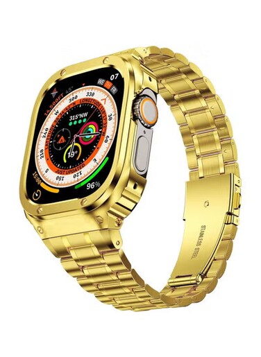Stainless Steel Watch Band with Case Compatible with Apple Watch Series Ultra 2 1 (49mm), Rugged Strap with Metal Protective Bumper Cover for iWatch Band Men (Gold)