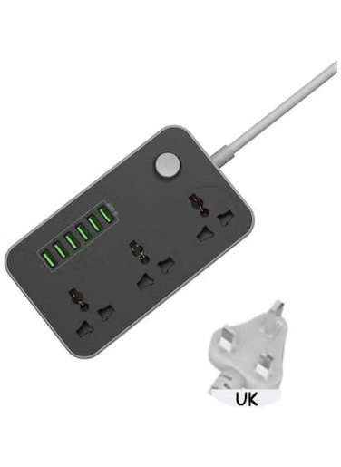 Universal Power Strips with USB Port, Including 3-Way Socket and 6 USB Ports, Travel Power Board,2m Power Cable, British Power Plug