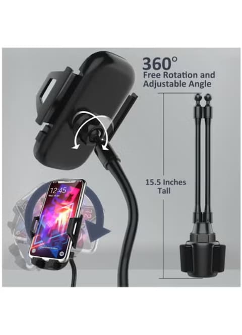 Radiotronics Double Phone Holder for Car Cup Holder – Extra Long and Flexible Neck, Adjustable Cell Phone Cup Holder, Universal Size Fits 2 iPhone, Samsung, GPS