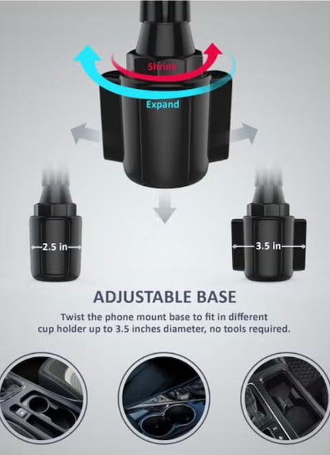 Radiotronics Double Phone Holder for Car Cup Holder – Extra Long and Flexible Neck, Adjustable Cell Phone Cup Holder, Universal Size Fits 2 iPhone, Samsung, GPS