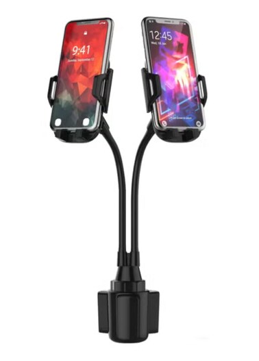 Radiotronics Double Phone Holder for Car Cup Holder – Extra Long and Flexible Neck, Adjustable Cell Phone Cup Holder, Universal Size Fits 2 iPhone, Samsung, GPS