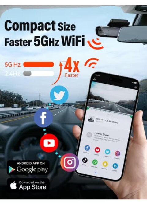 Dash Cam Front and Rear 4K Built in 5GHz WiFi, Free 64GB SD Card, Super Night Vision, Supercapacitor, Parking Mode, G-Sensor, USB C Port