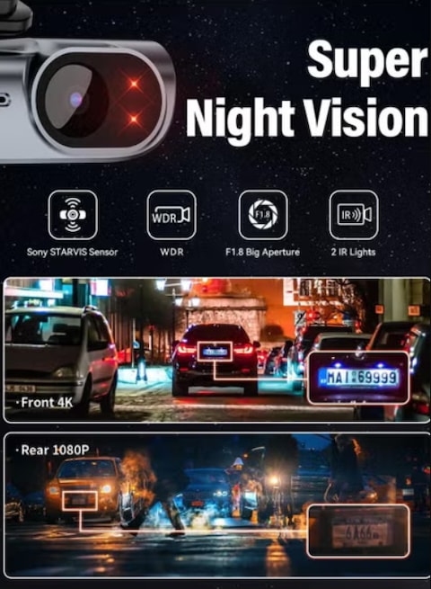 Dash Cam Front and Rear 4K Built in 5GHz WiFi, Free 64GB SD Card, Super Night Vision, Supercapacitor, Parking Mode, G-Sensor, USB C Port