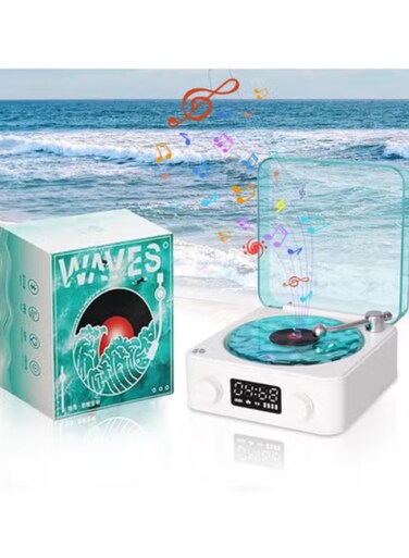 The Waves Vinyl Player Waves Vinyl Bluetooth Speaker Waves Vintage Vinyl Bluetooth Speaker with Adjustable Lights and Digital Clock, White