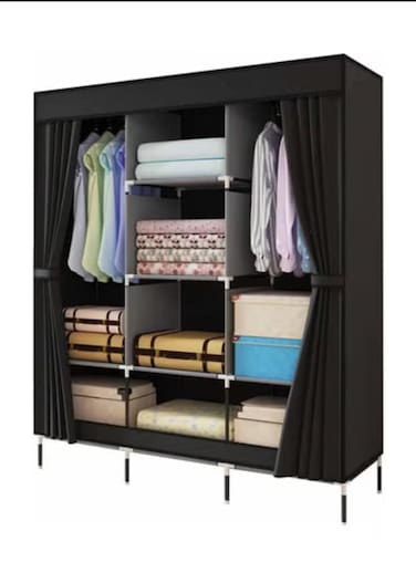 Solid Color Fabric Wardrobe, Portable Clothes Storage Organizer with 2 Hanging Rail Clothing Cabinet 6 Storage Boxes 175 * 45 * 128CM